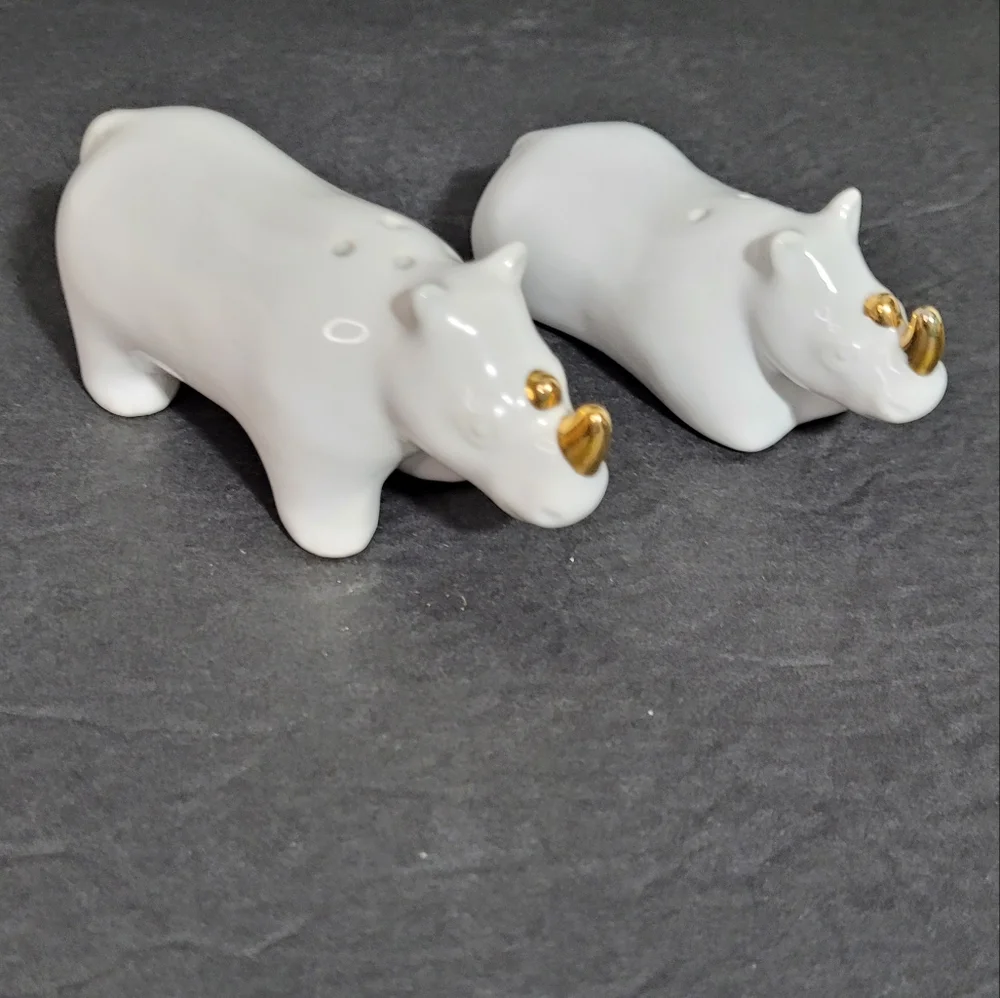 White Rhinoceros Salt & Pepper Shakers Set with Golden Horns